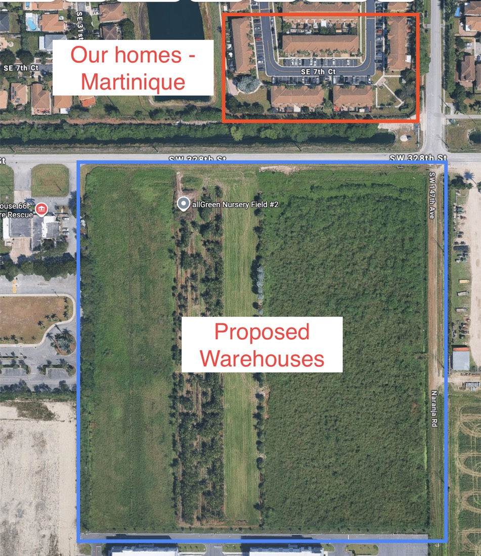 Aerial map showing the Martinique homes north of SW 328th Street and the vacant field to the south outlined as the proposed warehouse site.