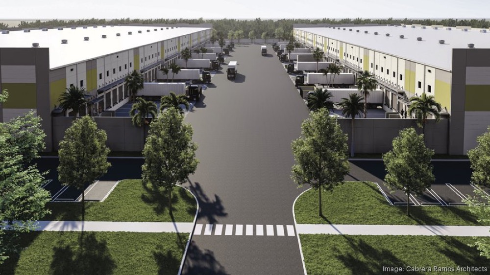 Ground-level rendering looking between two warehouse buildings lined with loading docks and parked trailers.